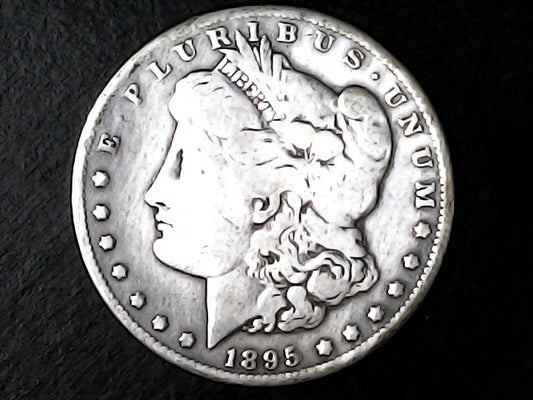 Silver Morgan Dollar Left-facing profile of Liberty wearing a Phrygian cap, with 'LIBERTY', "E PLURIBUS UNUM" and '1895' inscriptions on a black background with case