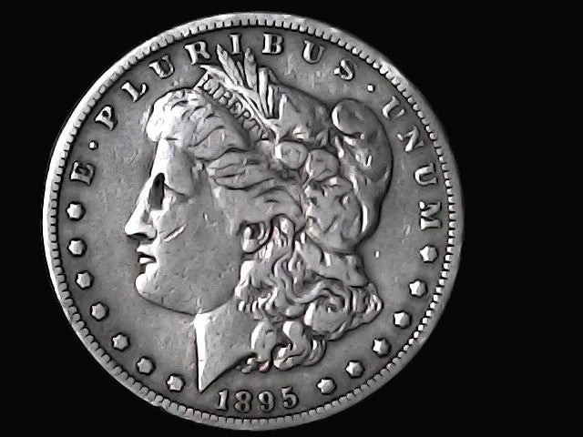 Silver Morgan Dollar Left-facing profile of Liberty wearing a Phrygian cap, with 'LIBERTY', "E PLURIBUS UNUM" and '1895' inscriptions on a black background with case