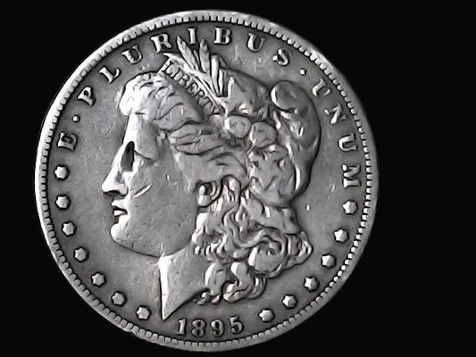 Silver Morgan Dollar Left-facing profile of Liberty wearing a Phrygian cap, with 'LIBERTY', "E PLURIBUS UNUM" and '1895' inscriptions on a black background with case