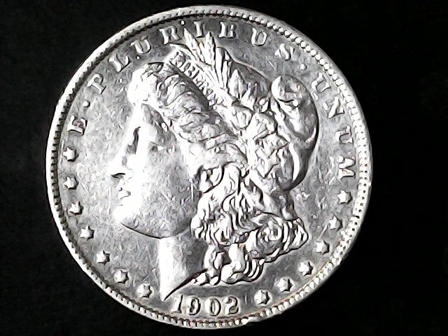 Silver Morgan Dollar Left-facing profile of Liberty wearing a Phrygian cap, with 'LIBERTY', "E PLURIBUS UNUM" and '1902' inscriptions on a black background with case