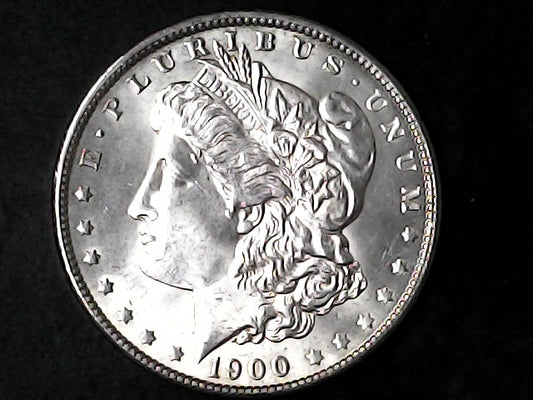 Silver Morgan Dollar Left-facing profile of Liberty wearing a Phrygian cap, with 'LIBERTY', "E PLURIBUS UNUM" and '1900' inscriptions on a black background with case