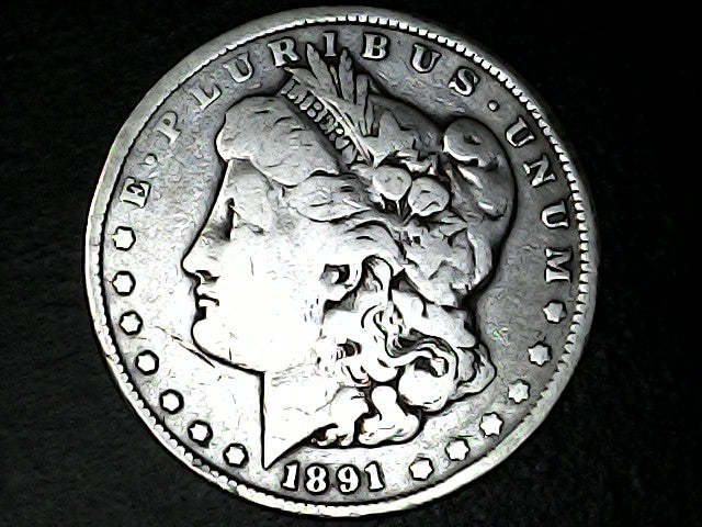 Silver Morgan Dollar Left-facing profile of Liberty wearing a Phrygian cap, with 'LIBERTY', "E PLURIBUS UNUM" and '1891' inscriptions on a black background with case