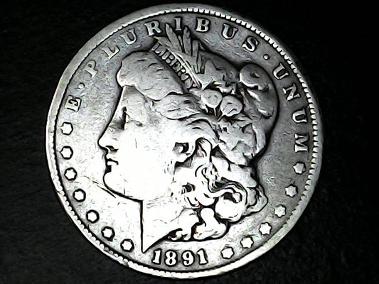 Silver Morgan Dollar Left-facing profile of Liberty wearing a Phrygian cap, with 'LIBERTY', "E PLURIBUS UNUM" and '1891' inscriptions on a black background with case