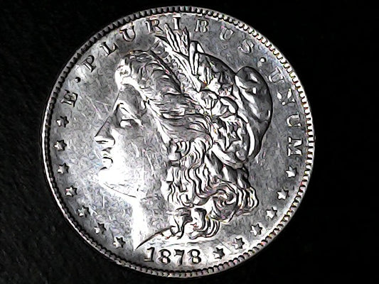 Silver Morgan Dollar Left-facing profile of Liberty wearing a Phrygian cap, with 'LIBERTY', "E PLURIBUS UNUM" and '1878' inscriptions on a black background with case