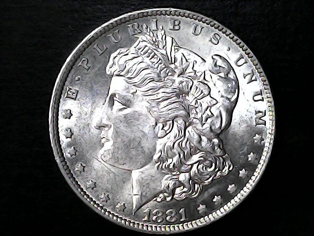 Silver coiSilver Morgan Dollar Left-facing profile of Liberty wearing a Phrygian cap, with 'LIBERTY', "E PLURIBUS UNUM" and '1881' inscriptions on a black background with case