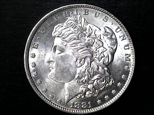 Silver coiSilver Morgan Dollar Left-facing profile of Liberty wearing a Phrygian cap, with 'LIBERTY', "E PLURIBUS UNUM" and '1881' inscriptions on a black background with case