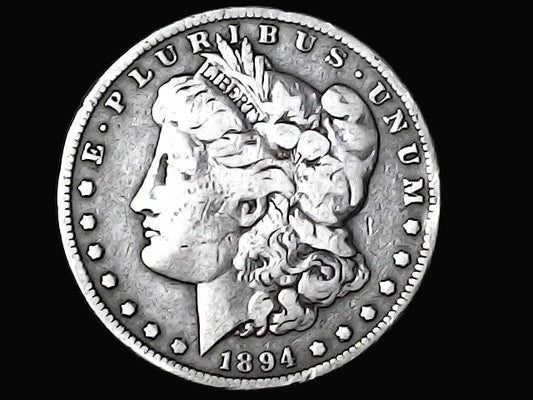 Silver Morgan Dollar Left-facing profile of Liberty wearing a Phrygian cap, with 'LIBERTY', "E PLURIBUS UNUM" and '1894' inscriptions on a black background with case 