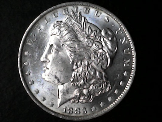 Silver Morgan Dollar Left-facing profile of Liberty wearing a Phrygian cap, with 'LIBERTY', "E PLURIBUS UNUM" and '1883' inscriptions on a black background with case 