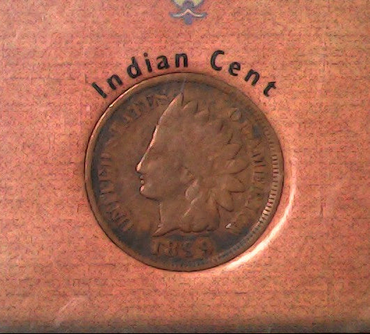 Close-up of an 1899 Indian Head penny with 'Indian Cent' text above.