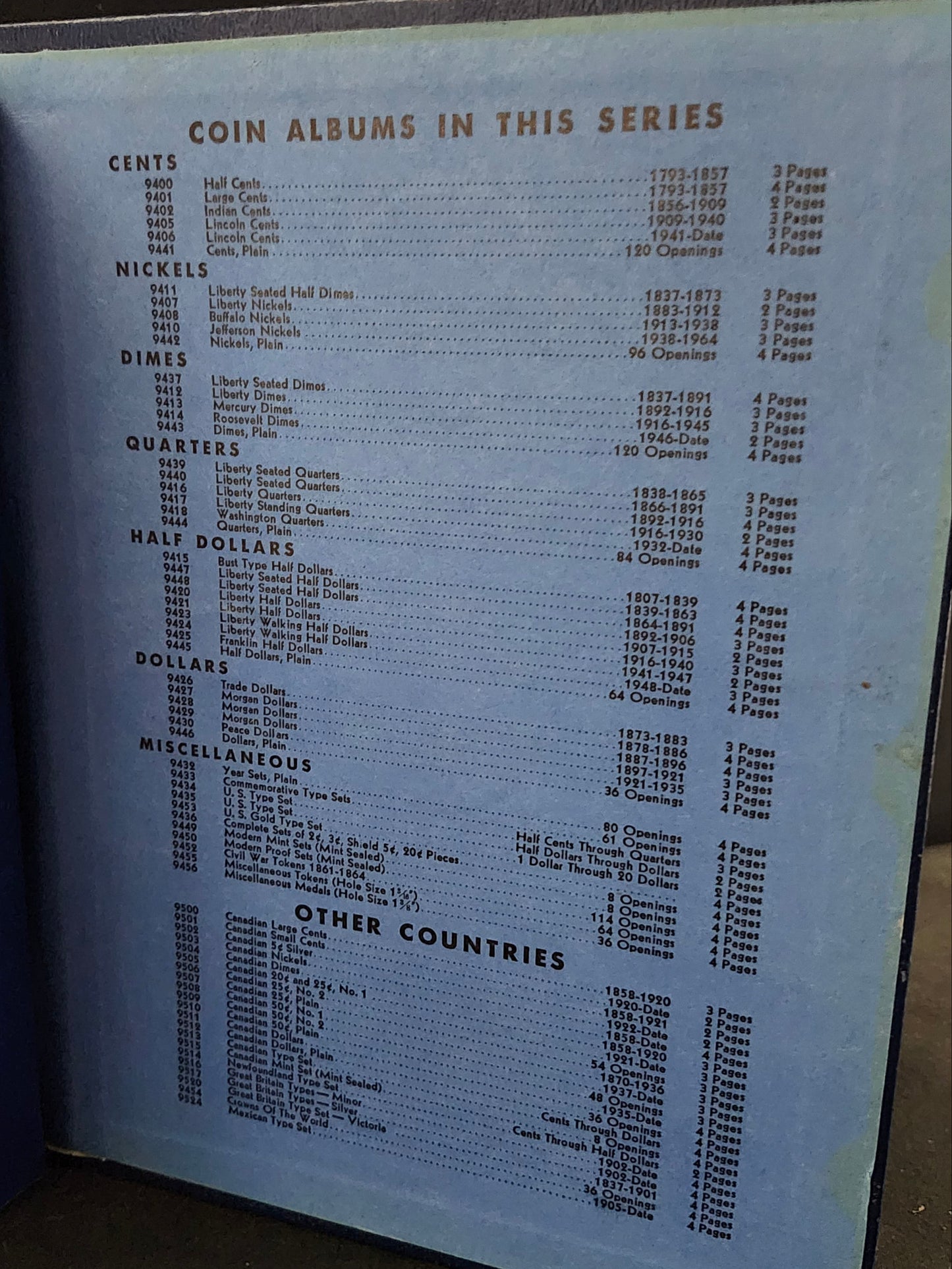 Coins Albums in this Series with a table of contents on a dark background