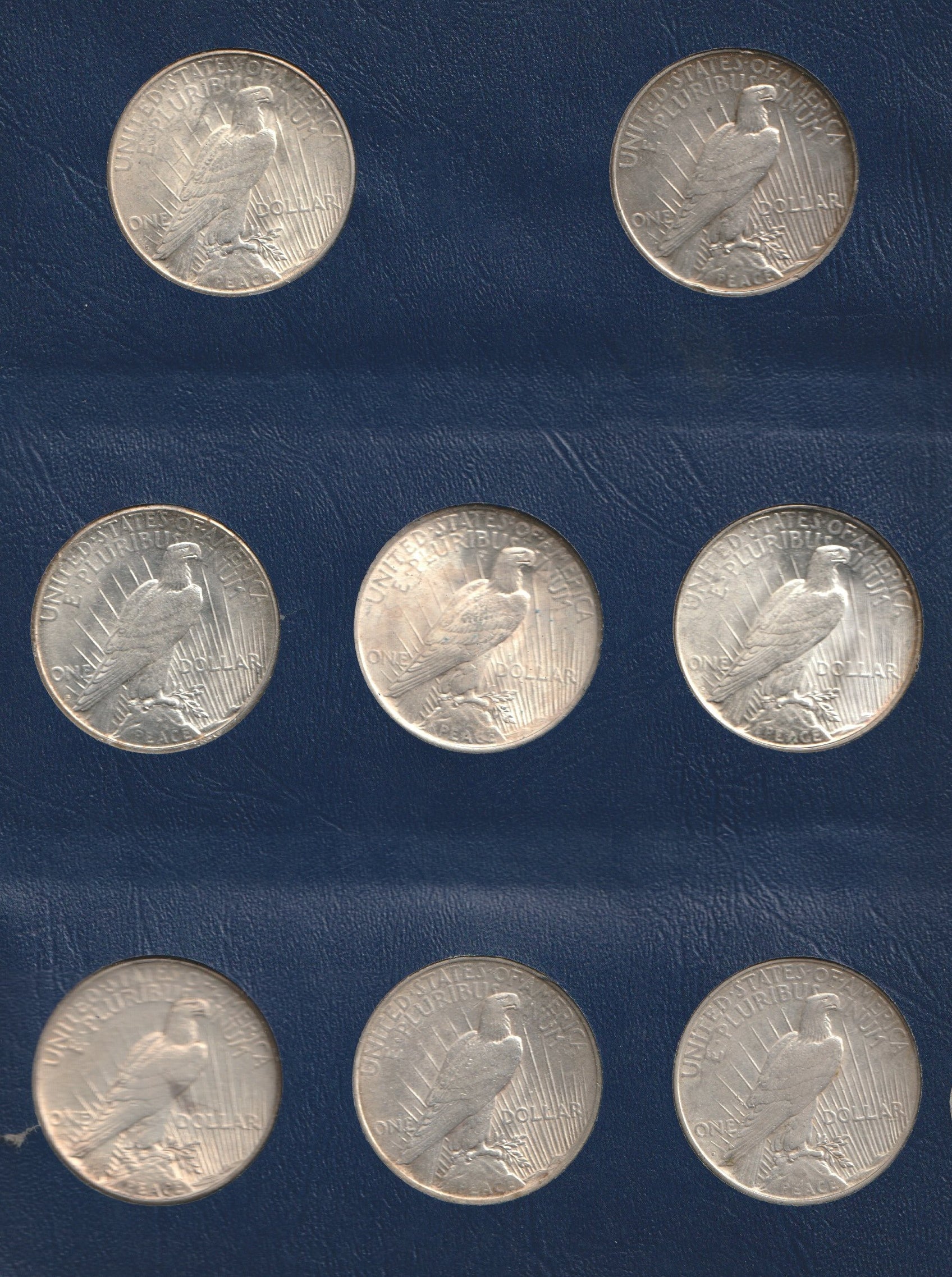 Collection of silver coins with an eagle design on a blue background