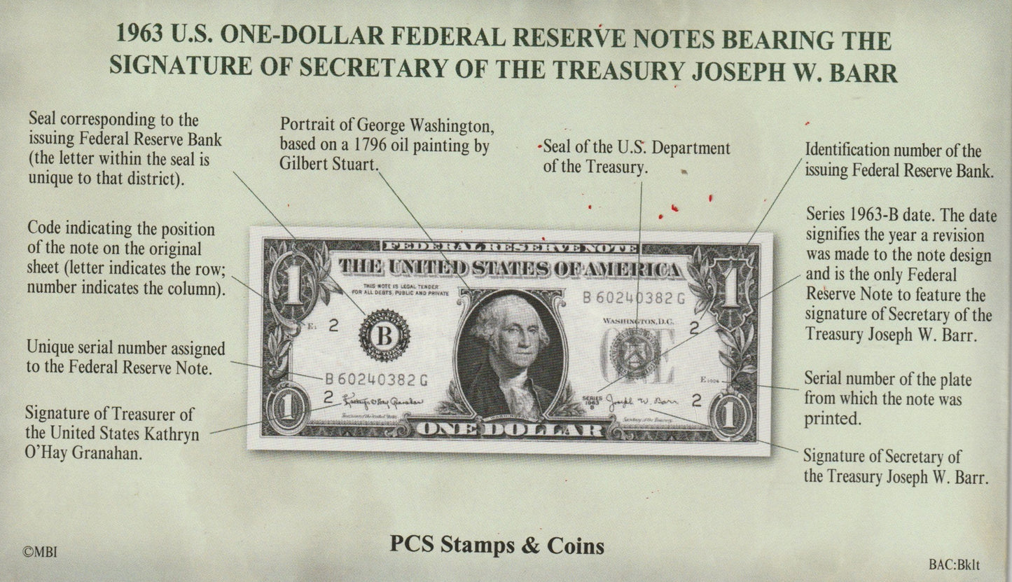 1963 U.S. one-dollar Federal Reserve note with a certificate 