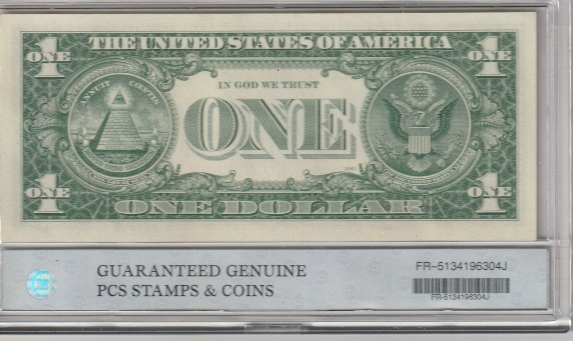 One dollar bill in a holder with 'Guaranteed Genuine' label FR-5134196304J