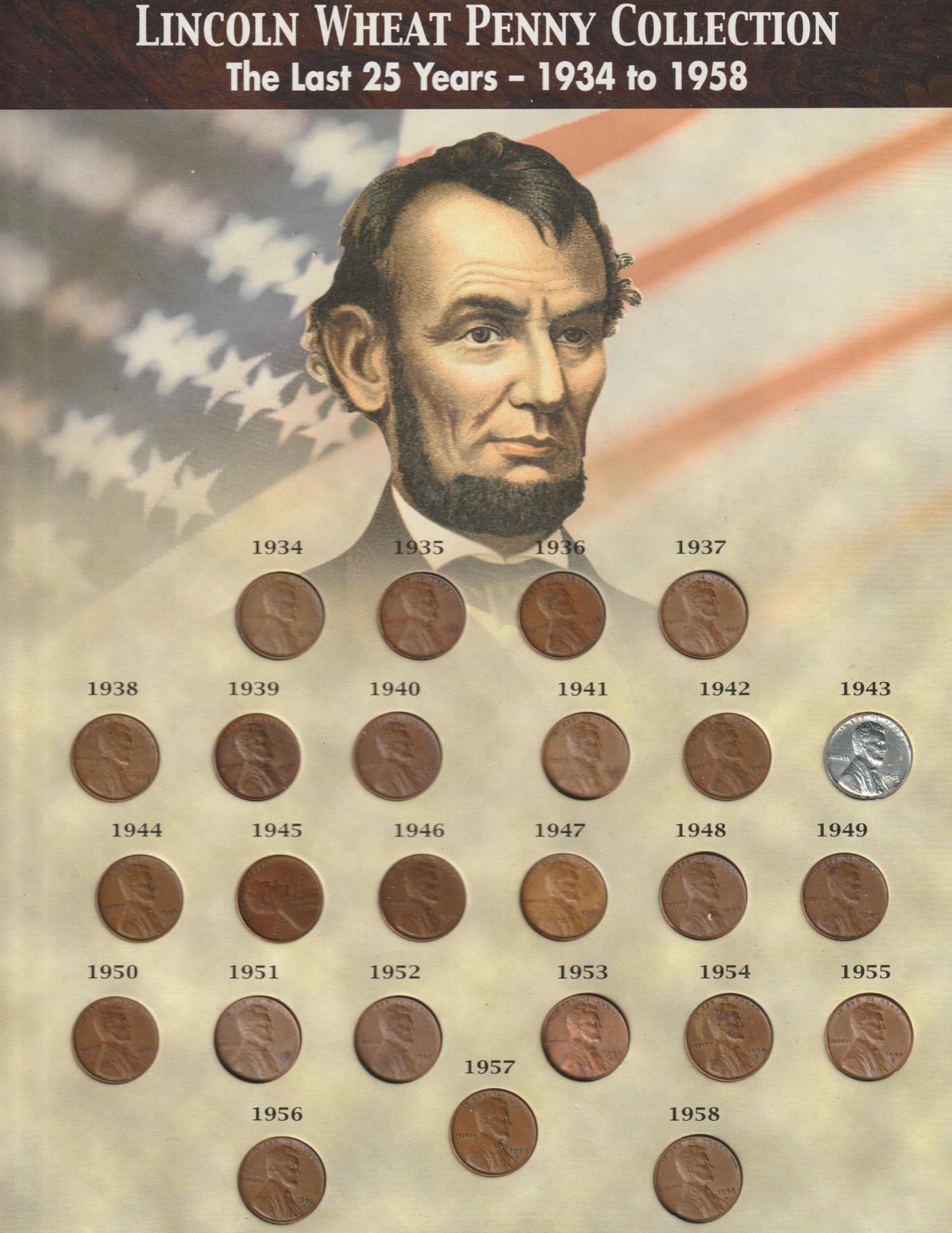 Lincoln Wheat Penny Collection from 1934 to 1958 with a portrait of Abraham Lincoln and an American flag in the background.