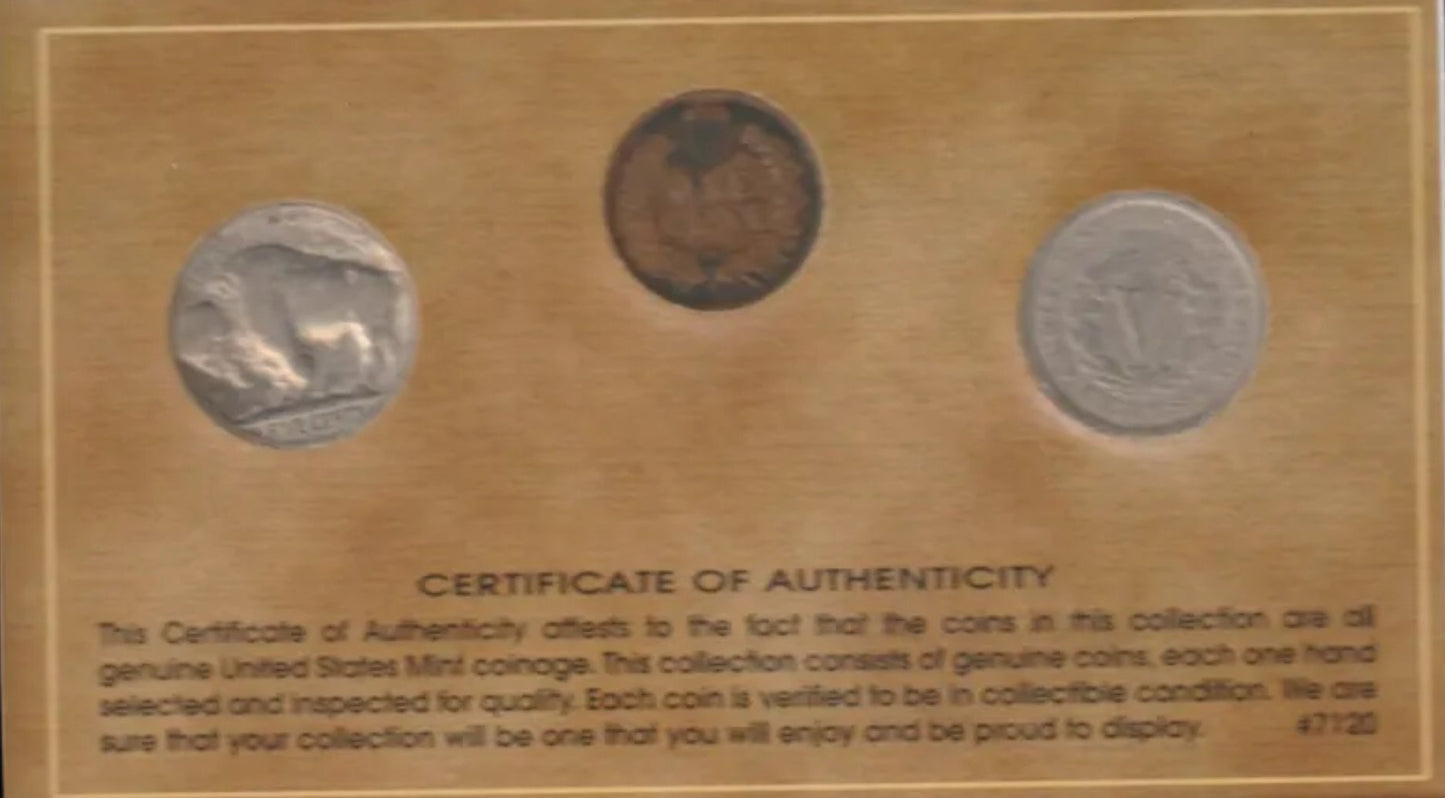 Three coins with a certificate of authenticity text.