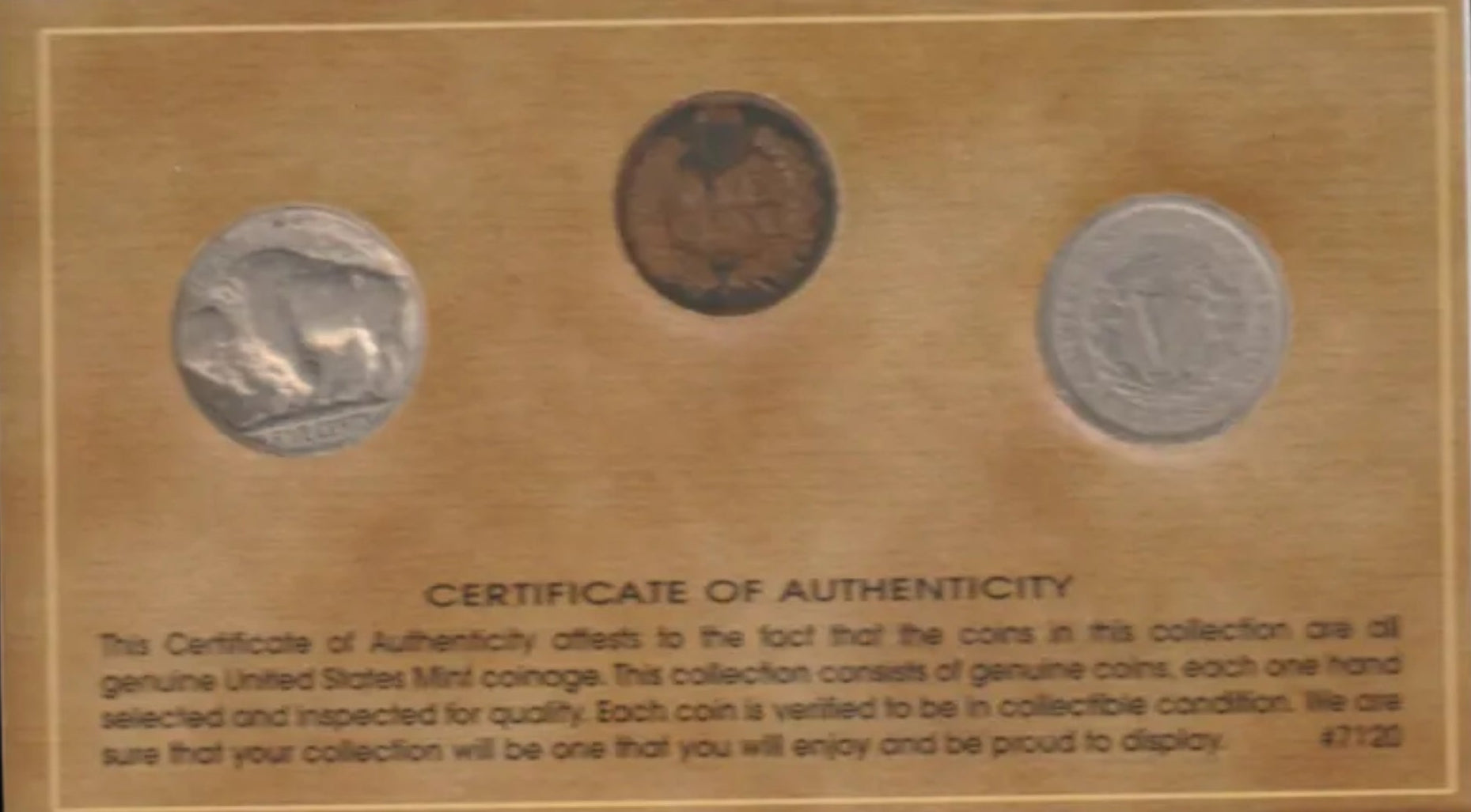 Three coins with a certificate of authenticity text.