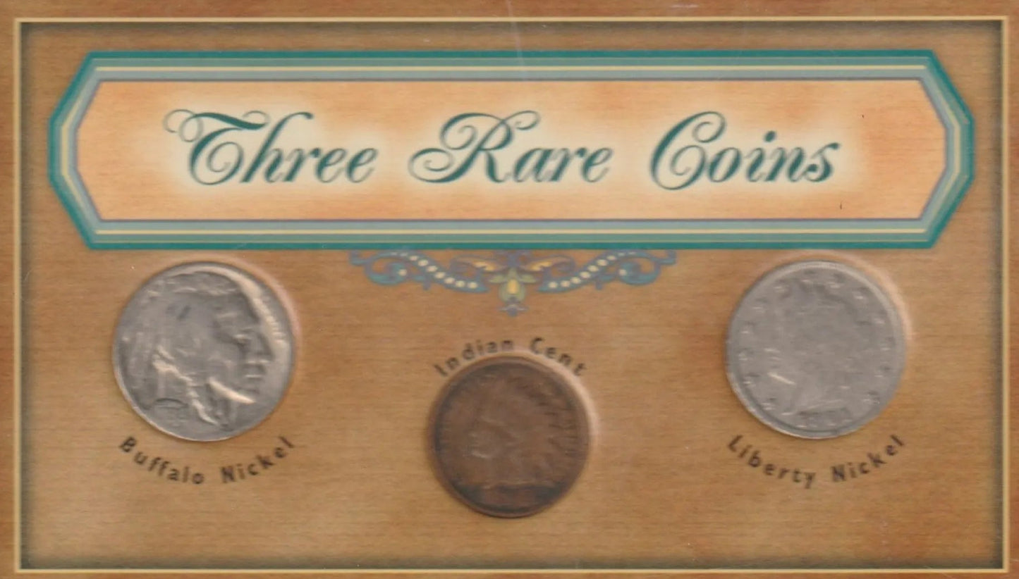Three rare coins 1936 Buffalo Nickel, 1899 Indian Cent, and 1901 Liberty Nickel in a display case with a label 