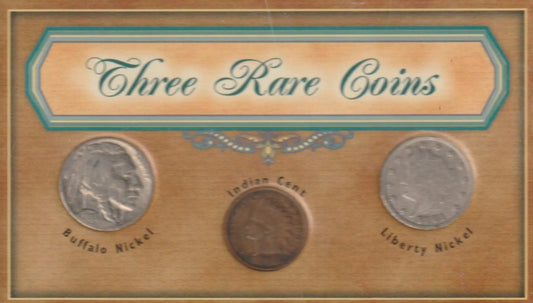 Three rare coins 1936 Buffalo Nickel, 1899 Indian Cent, and 1901 Liberty Nickel in a display case with a label 