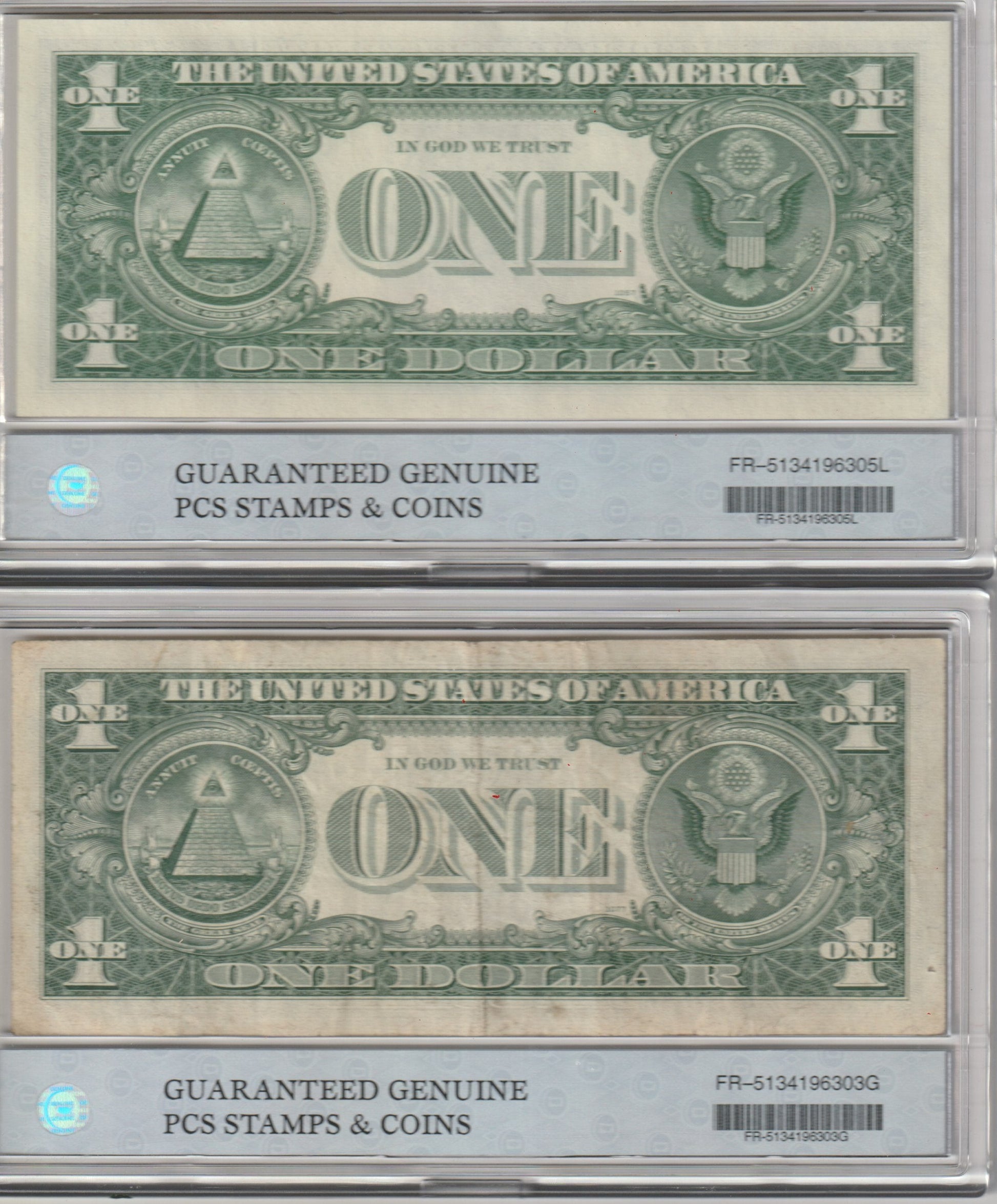 Two U.S. dollar bills in protective cases with 'Guaranteed Genuine' 