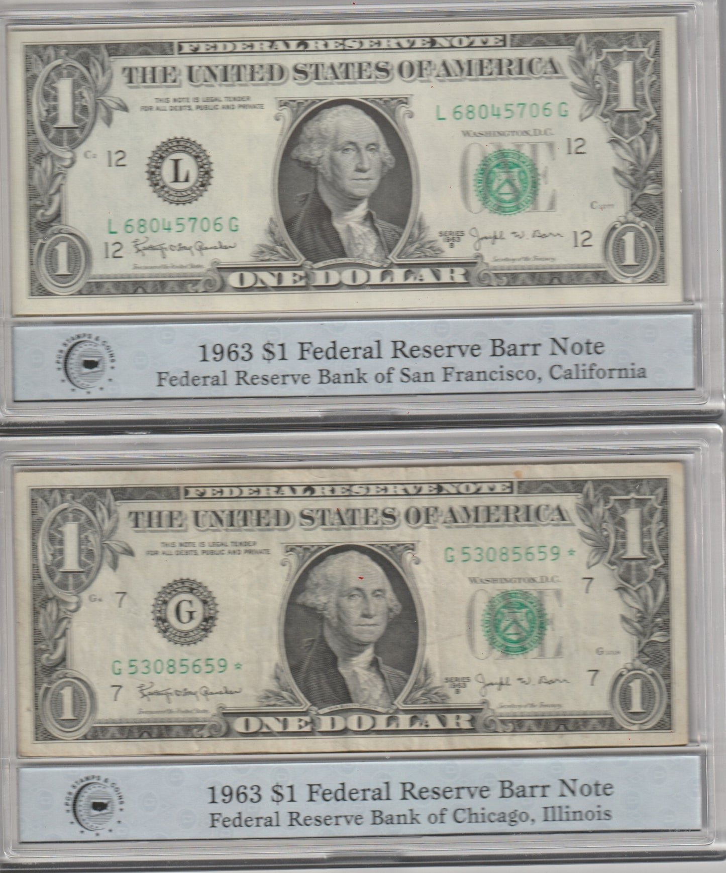 Two U.S. dollar bills in protective holders with labels