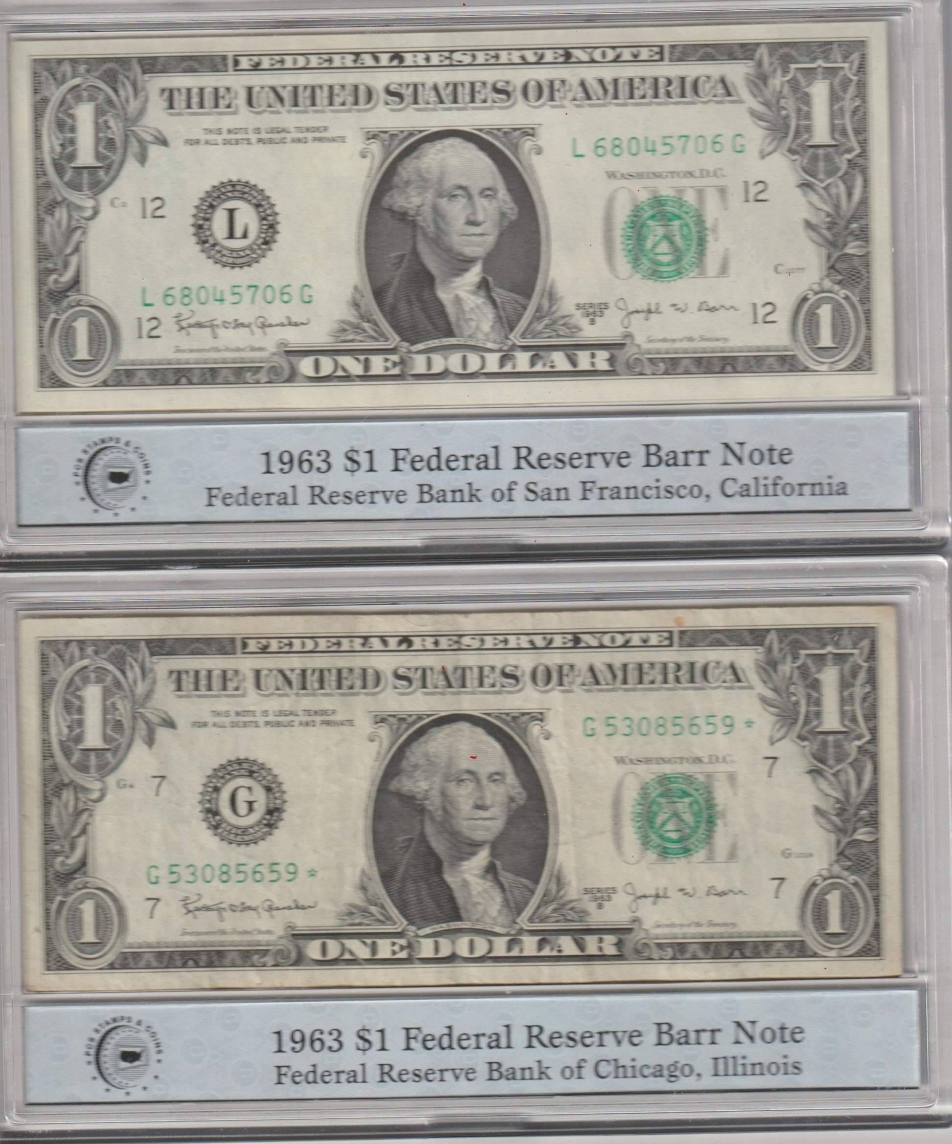 Two U.S. dollar bills in protective holders with labels
