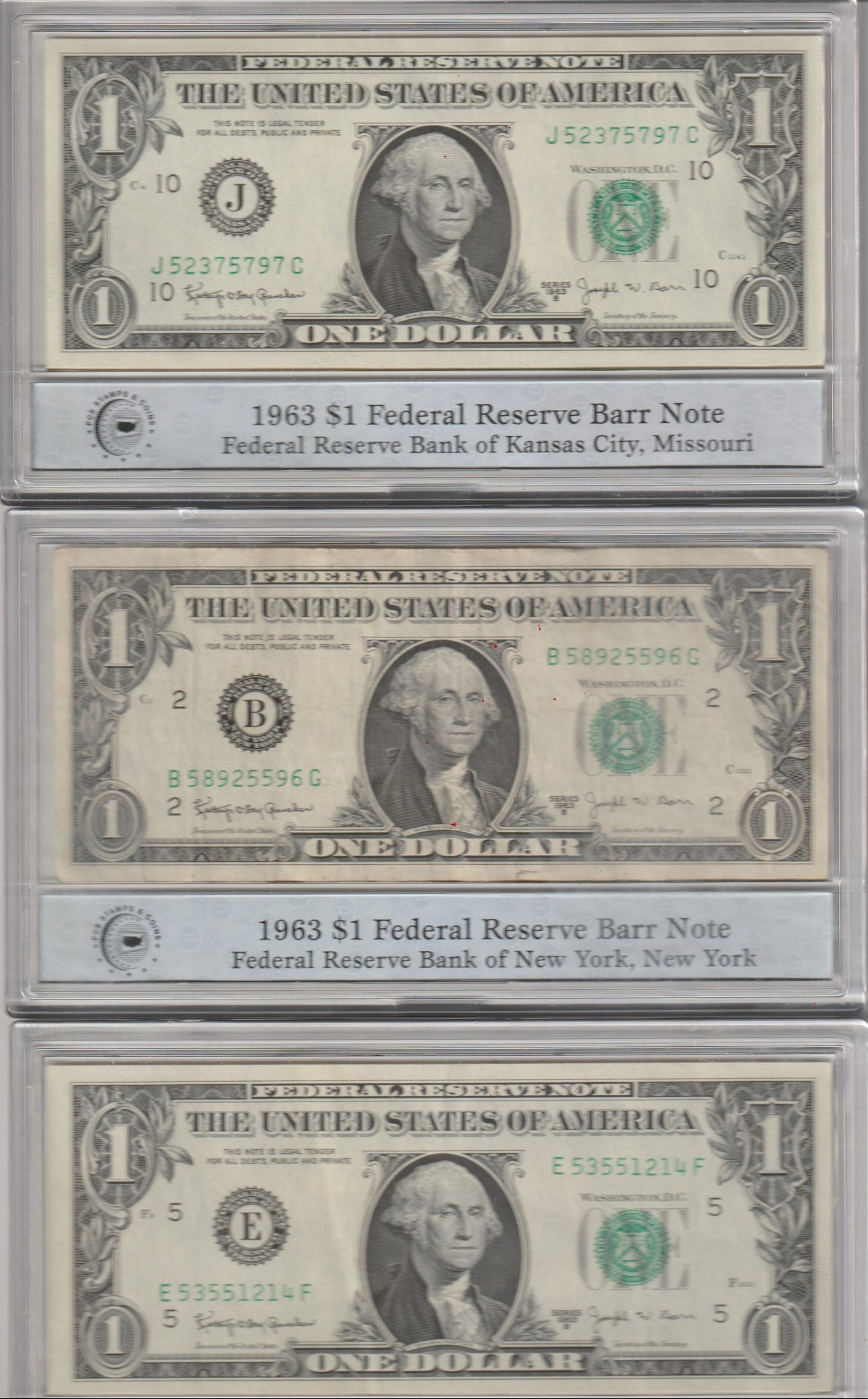 Three U.S. dollar bills from 1963 in protective holders